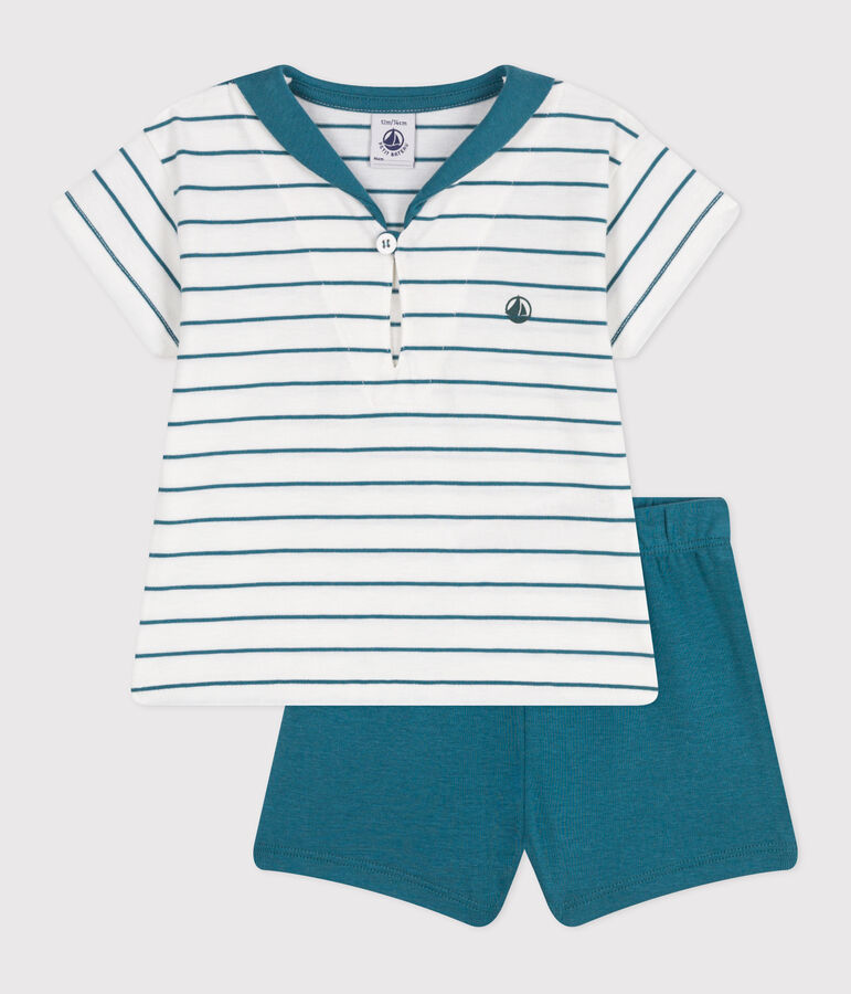 Completo neonato 2 pezzi in cotone con T-shirt a righe e shorts tinta unita verde MARSHMALLOW/ DRAGONFLY