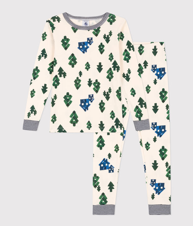 Pigiama bambino unisex in cotone aderente ecru/blu/multicolore