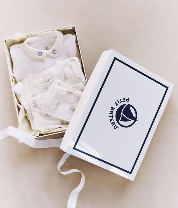 Set regalo 3 pezzi in cotone con orsetto stampato neonato bianco/BRUN