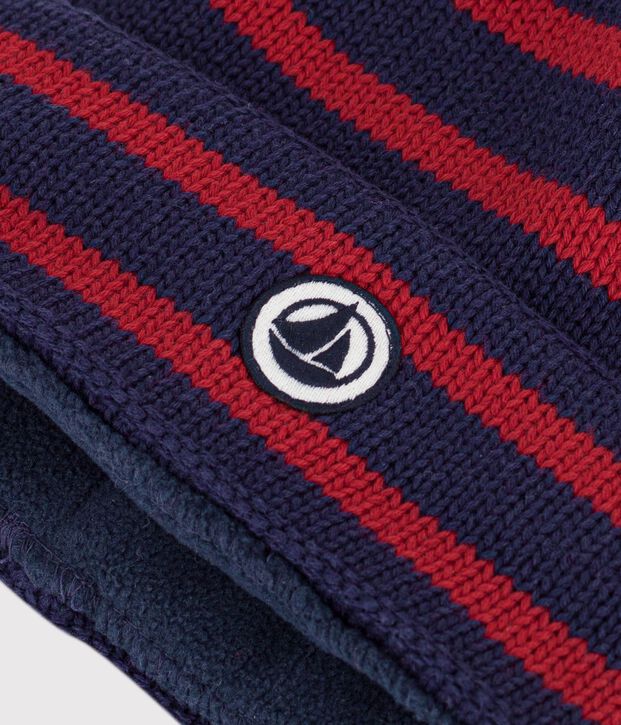 Cuffietta in maglia a righe con fodera in pile bambino blu/rosso