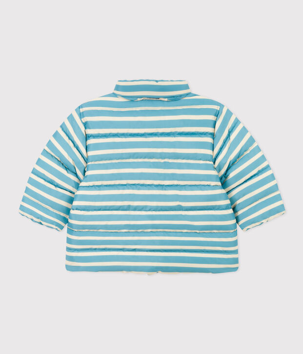 Piumino a righe con cappuccio ripiegabile per beb&egrave; blu/ecru