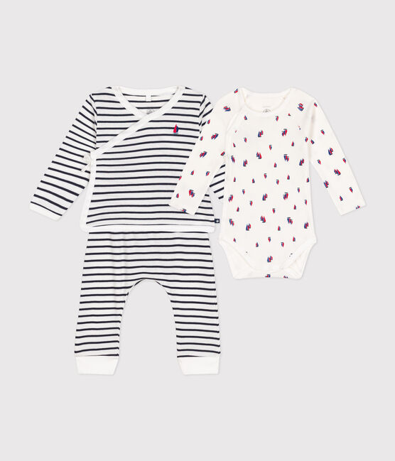 Set 3 pezzi in cotone neonato bianco MARSHMALLOW/blu SMOKING