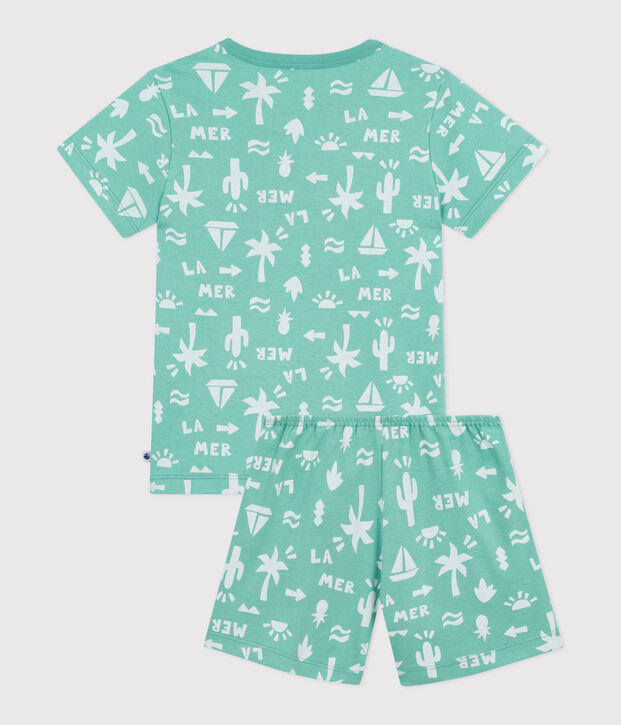 Pigiama corto in cotone con stampa bambino verde/bianco