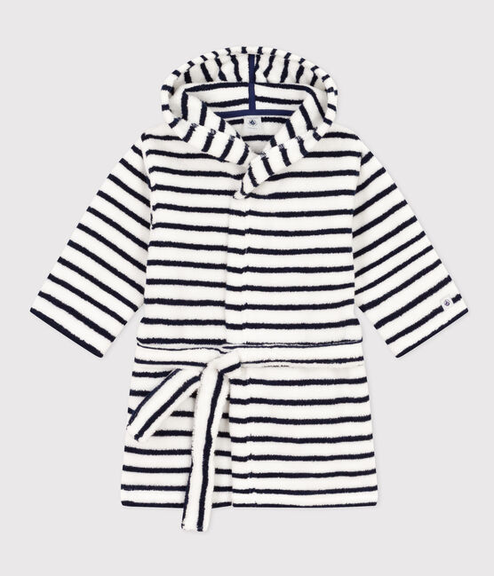 Accappatoio bambino in spugna a righe bianco LAIT/blu MEDIEVAL
