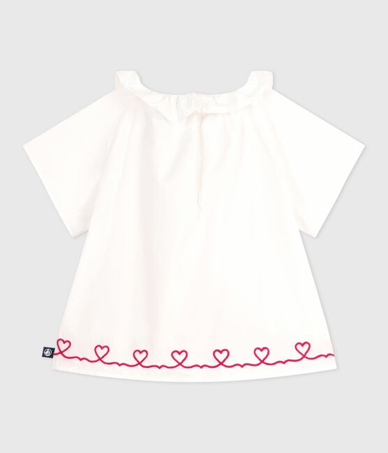 Blusa a maniche corte in popeline di cotone con ricamo a cuori neonata bianco ECUME
