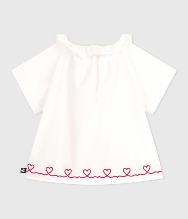 Blusa a maniche corte in popeline di cotone con ricamo a cuori neonata bianco