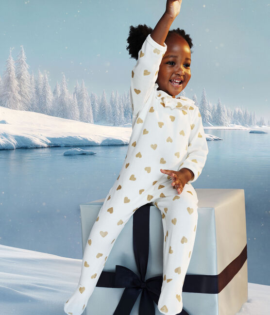 Pigiama per neonato in velluto con apertura sul retro e stampa con cuori di paillettes MILK/ DORE