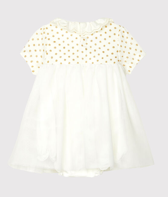 Abito body bebè femmina in cotone e lino bianco MARSHMALLOW/giallo OR