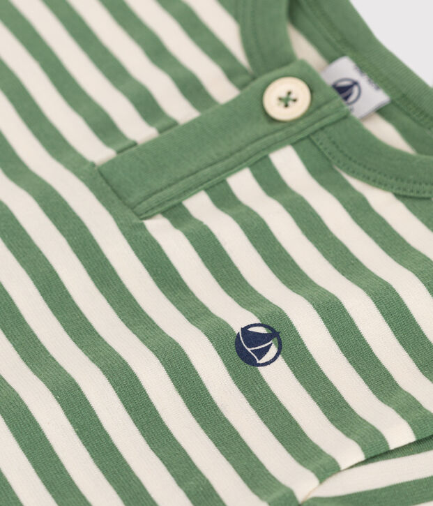 T-shirt a maniche corte in cotone a righe neonato verde/ecru