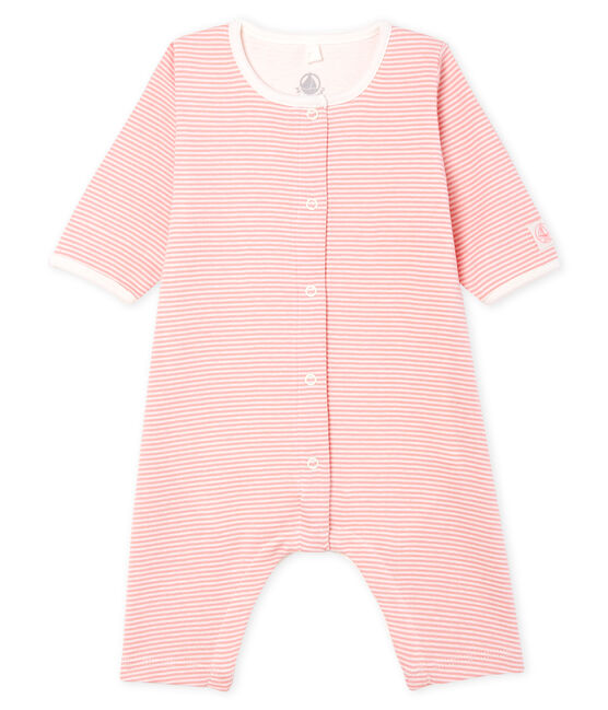Bodyjama senza piedi bebè femmina a costine rosa CHARME/bianco MARSHMALLOW