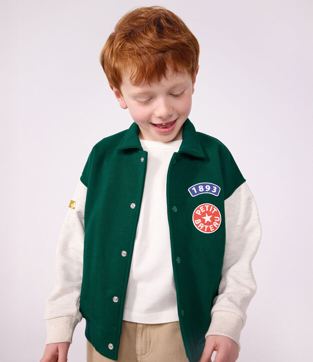Giacca stile teddy in cotone color block bambino verde/beige