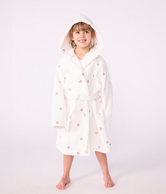 Accappatoio bambina in spugna di cotone con cuori ricamati bianco MARSHMALLOW/rosso TERKUIT