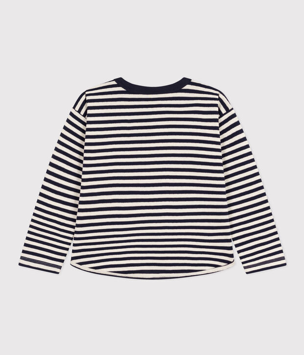 T-shirt maniche lunghe in tubique bambino blu/ecru