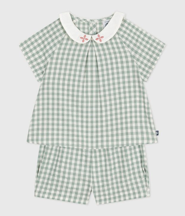 Set neonato due pezzi in cotone composto da blusa e shorts a quadretti vichy. verde/bianco