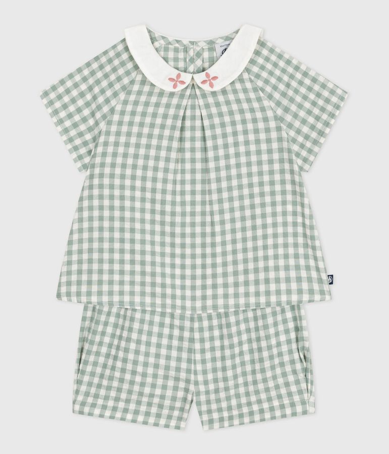 Set neonato due pezzi in cotone composto da blusa e shorts a quadretti vichy. verde/bianco