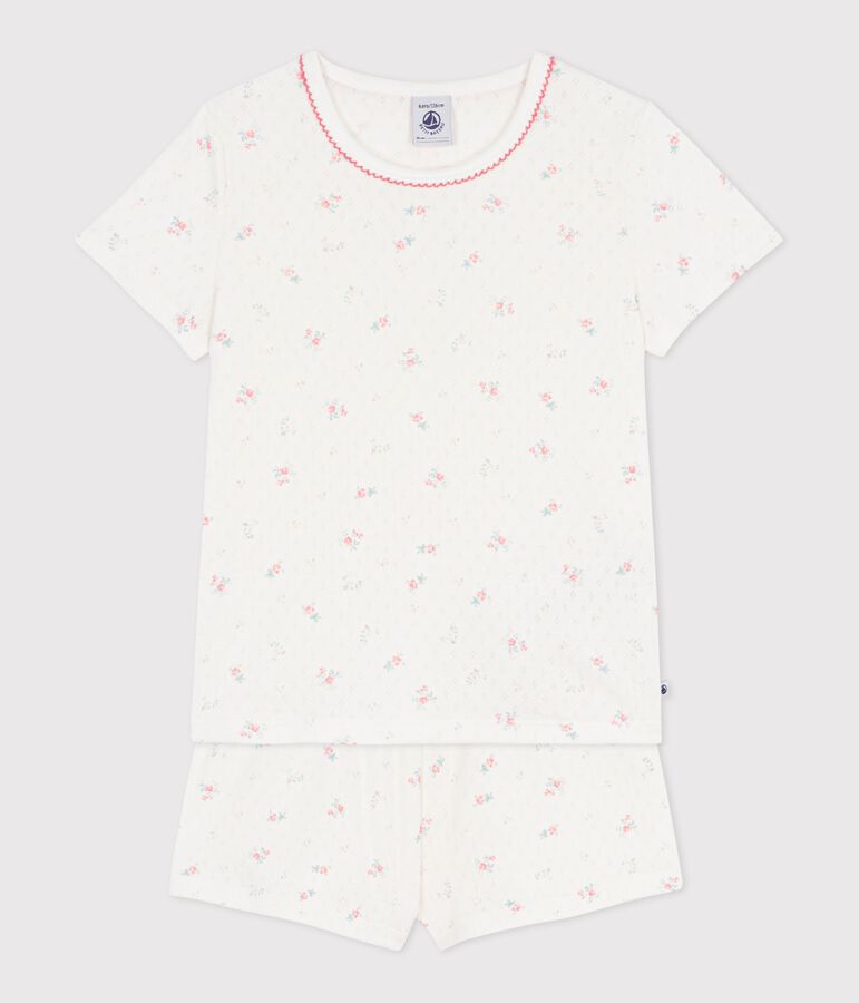 Pigiama corto in cotone traforato con stampa a fiori bambina bianco/multicolore
