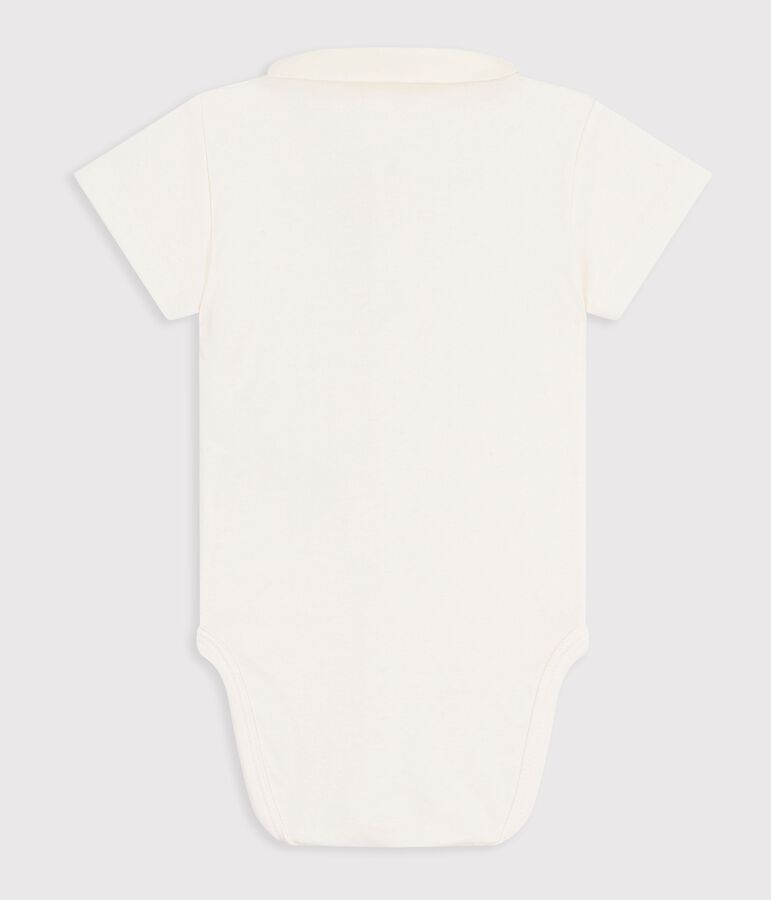 Body a maniche corte in cotone con dettagli ricamati neonato ecru/blu