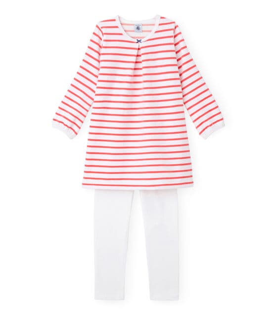 Chemise de nuit fille à rayure marinière et son legging bianco ECUME/rosso CARMEN