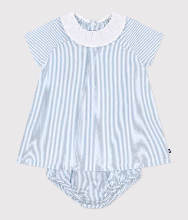 Abito a maniche corte in cotone con bloomer abbinato a righe neonata blu/blu