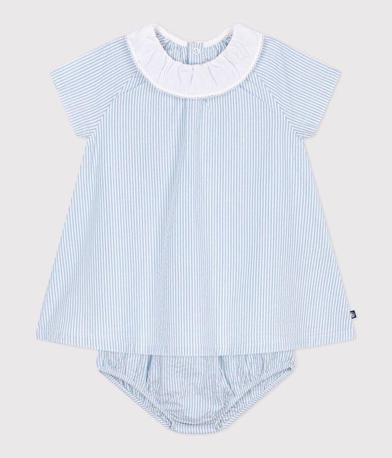Abito a maniche corte in cotone con bloomer abbinato a righe neonata blu MARSHMALLOW/ FLO