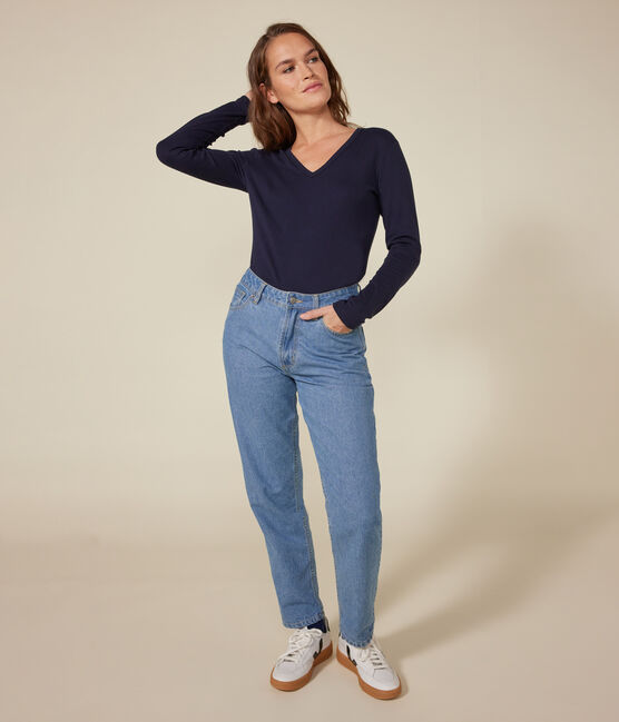 T-shirt donna L'Iconique a maniche lunghe in tinta unita a costine blu SMOKING