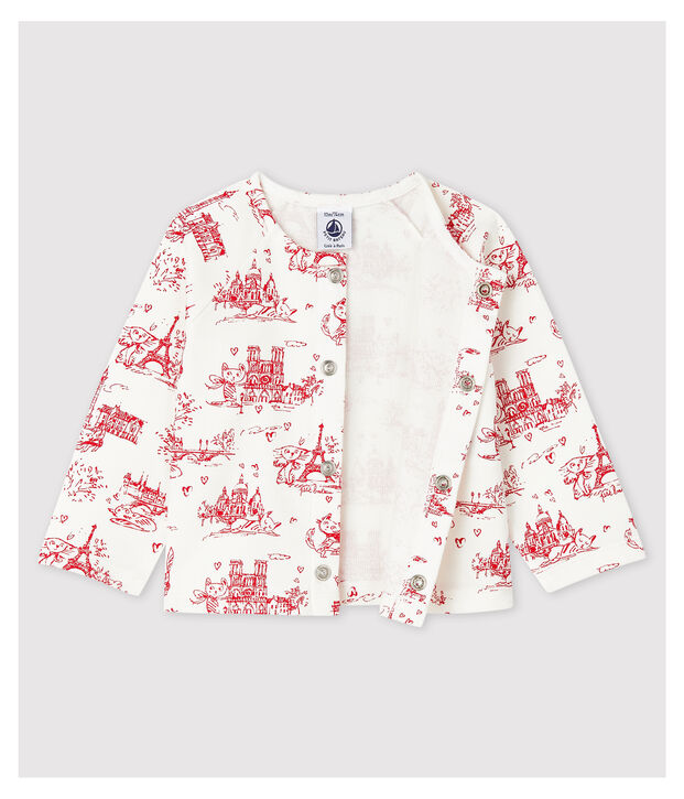 Cardigan fantasia in molleton beb&egrave; femmina bianco/rosso