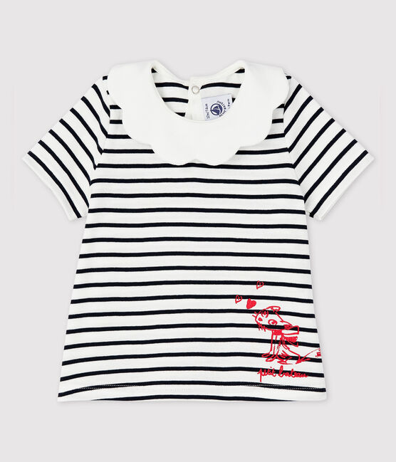 Blusa manica corta in cotone bebè femmina bianco MARSHMALLOW/blu SMOKING