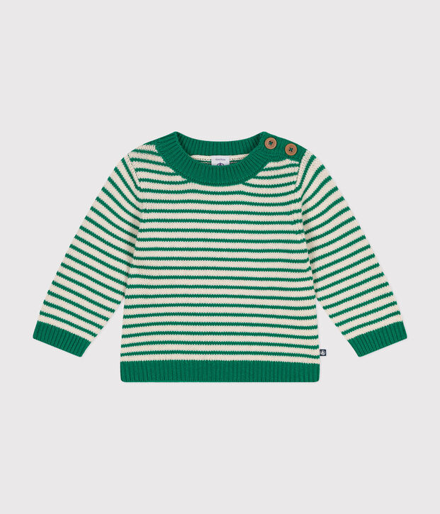 Pullover in maglia di lana e cotone neonato verde/ecru