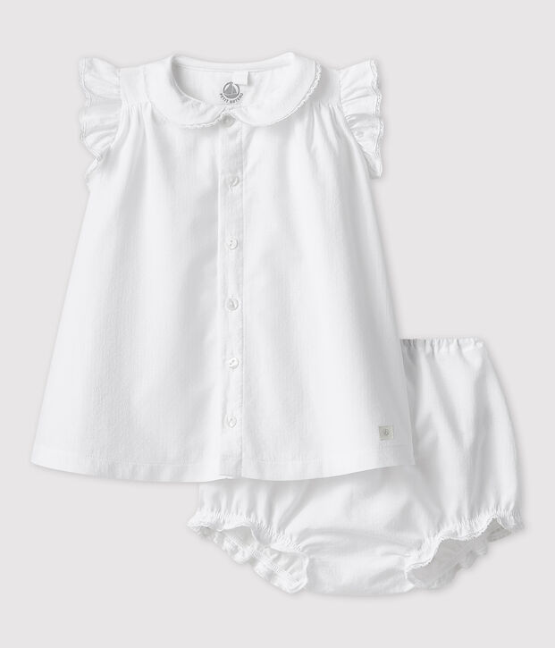 Abito bianco manica corta con bloomer beb&egrave; femmina in popeline di cotone biologico bianco