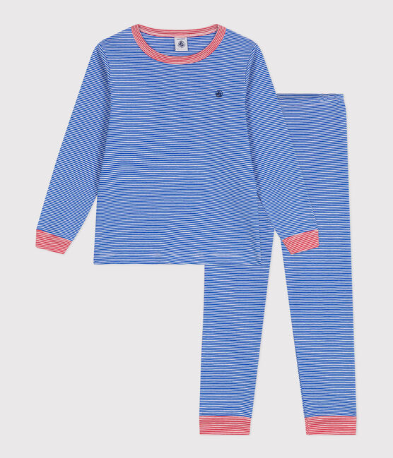 Pigiama a maniche lunghe in cotone a righe bambino blu PERSE/bianco MARSHMALLOW