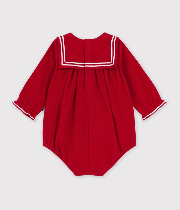Tutina corta in ciniglia tinta unita con colletto neonato rosso