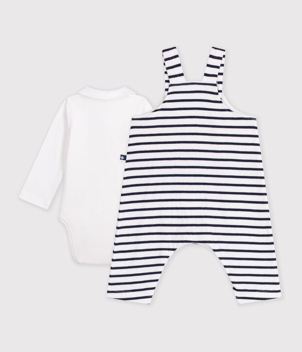 Set salopette e body in cotone a righe con colletto neonato bianco/blu