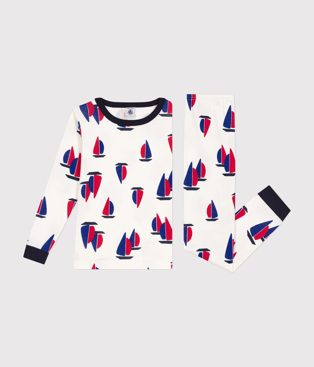 Pigiama aderente in cotone con barchette stampate bambino bianco/multicolore