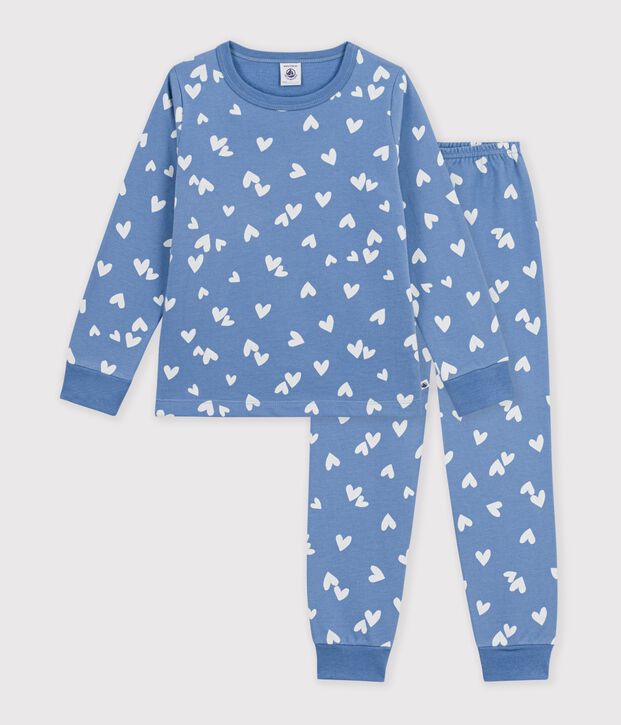 Pigiama in tessuto felpato a cuori bambina blu/bianco
