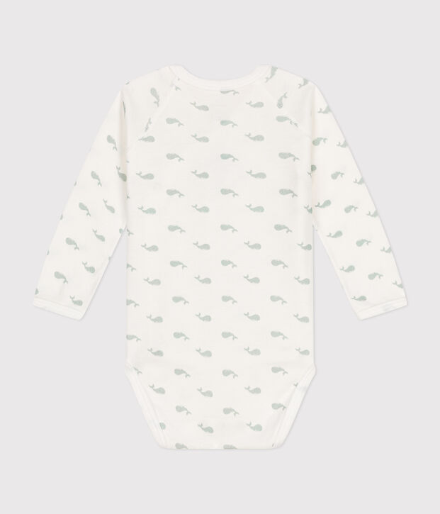 Body incrociato a maniche lunghe in cotone neonato bianco/verde