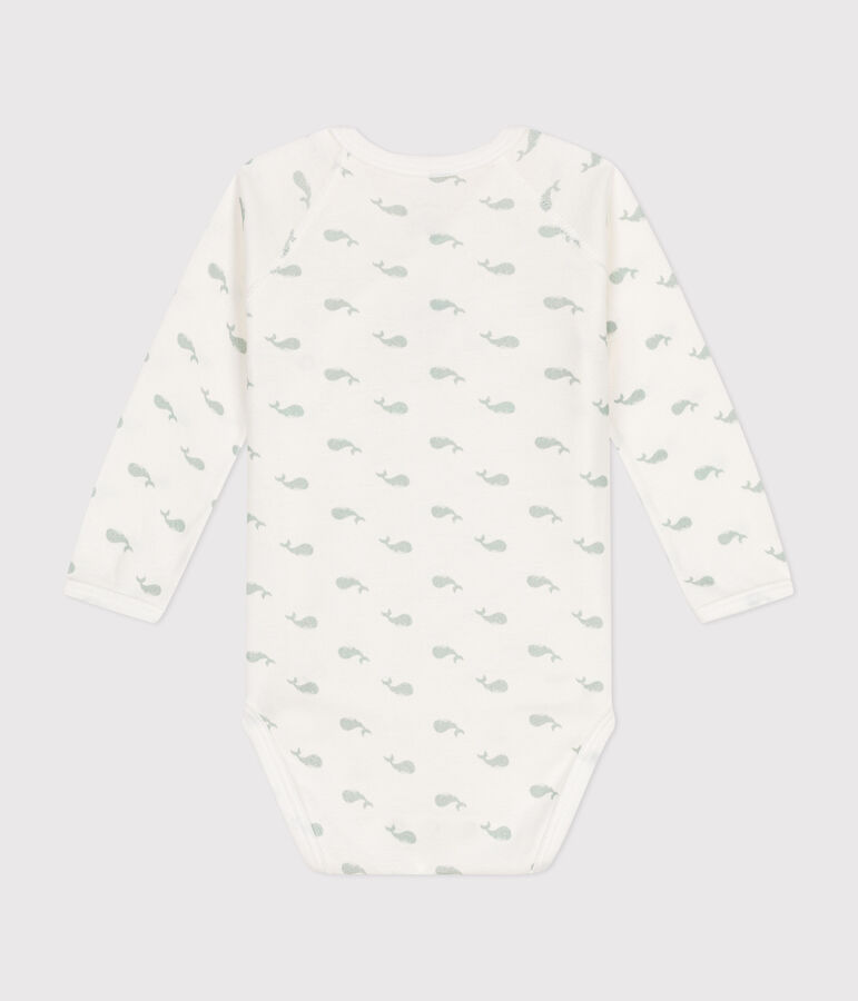 Body incrociato a maniche lunghe in cotone neonato bianco/verde