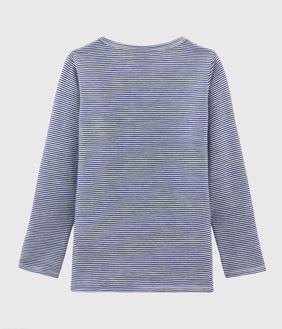 T-shirt bambina/bambino a maniche lunghe in lana e cotone millerighe blu MEDIEVAL/bianco MARSHMALLOW
