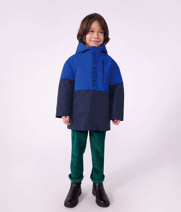 Parka bambino lunghezza media tinta unita color block blu/multicolore