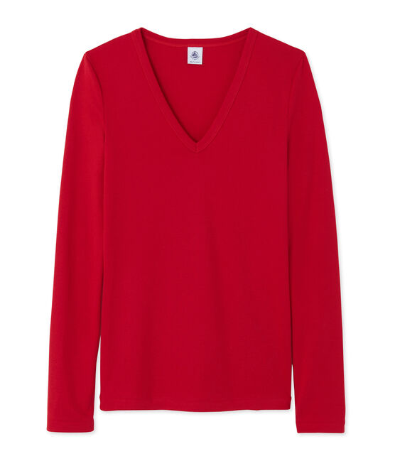 T-shirt donna a maniche lunghe con scollo a V rosso Mars