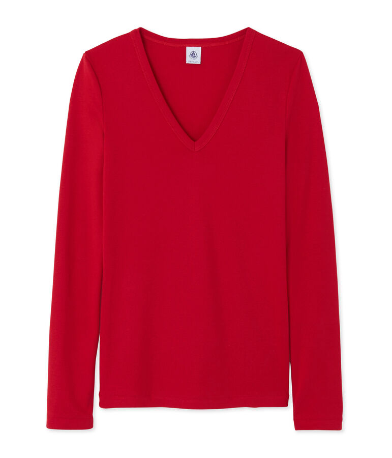 T-shirt donna a maniche lunghe con scollo a V rosso Mars