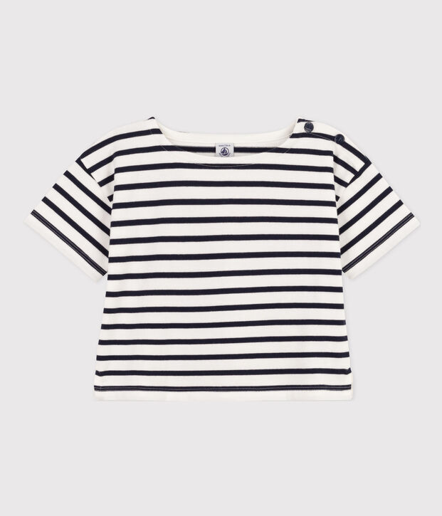 T-shirt a righe a maniche corte in cotone bambina bianco/blu