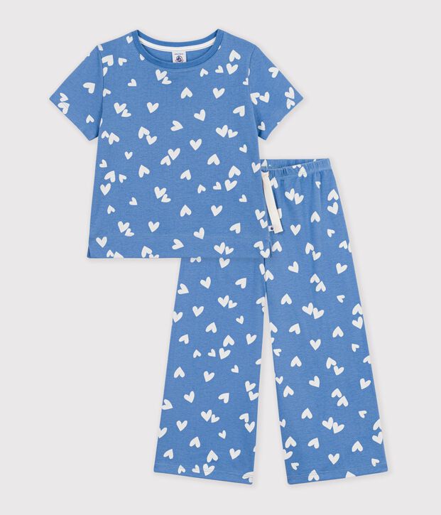 Pigiama a gamba ampia in cotone a cuori bambina blu/bianco