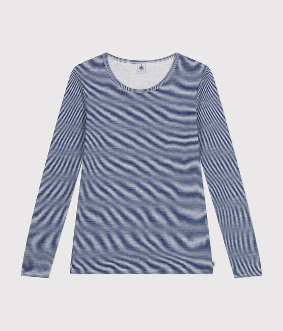 T-shirt a maniche lunghe in misto lana e cotone a righe donna blu MEDIEVAL/bianco MARSHMALLOW