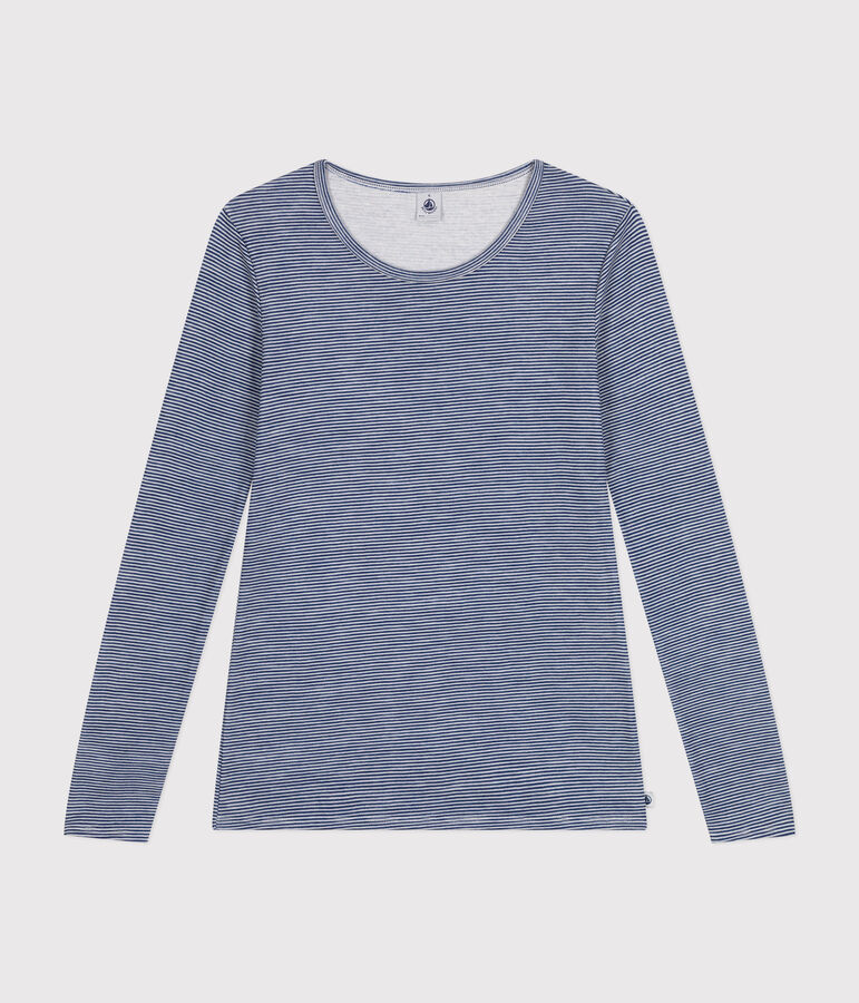T-shirt a maniche lunghe in misto lana e cotone a righe donna blu/bianco