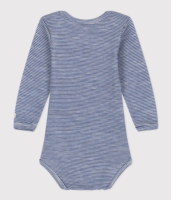 BODY A MANICHE LUNGHE RIGATO BEBÈ IN LANA E COTONE blu MEDIEVAL/bianco MARSHMALLOW