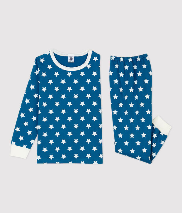 Pigiama bambina/bambino fantasia grafica in cotone biologico blu/bianco