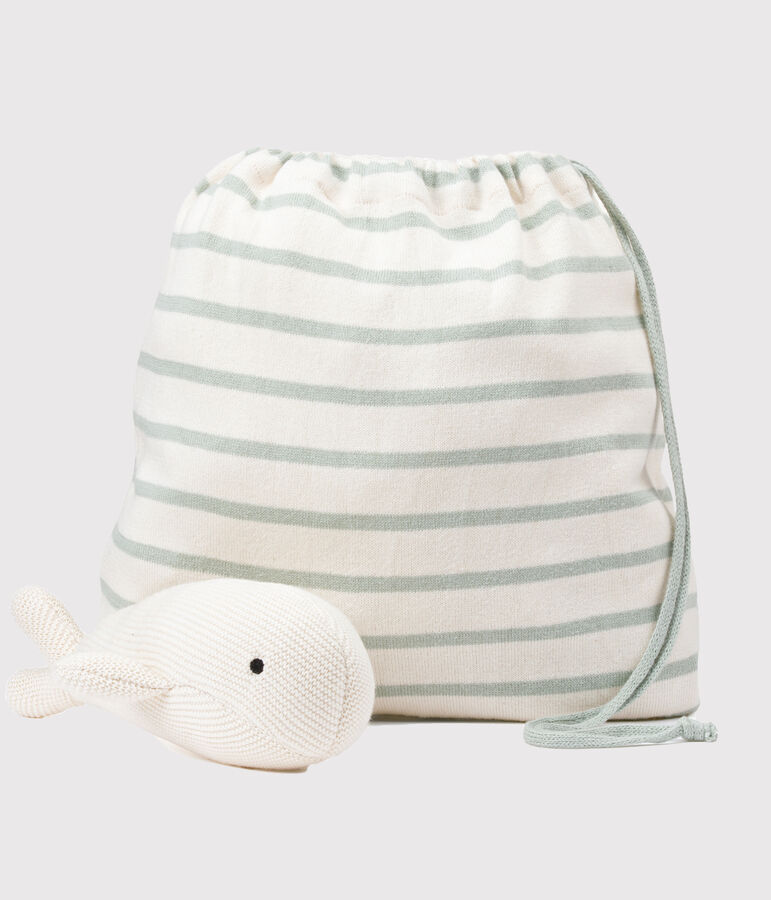 Copertina e doudou in tricot per neonato verde/bianco