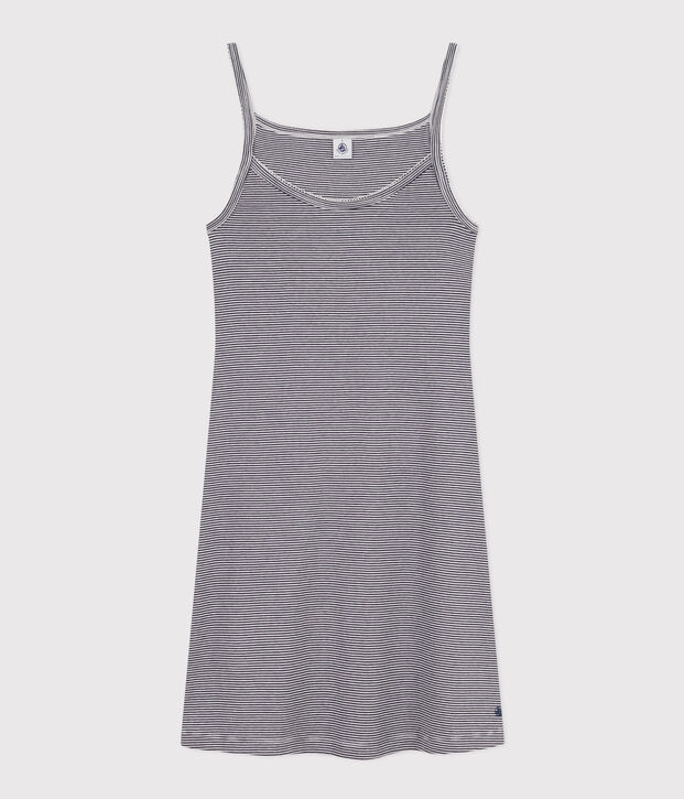 Camicia da notte corta in cotone rigato donna blu/bianco