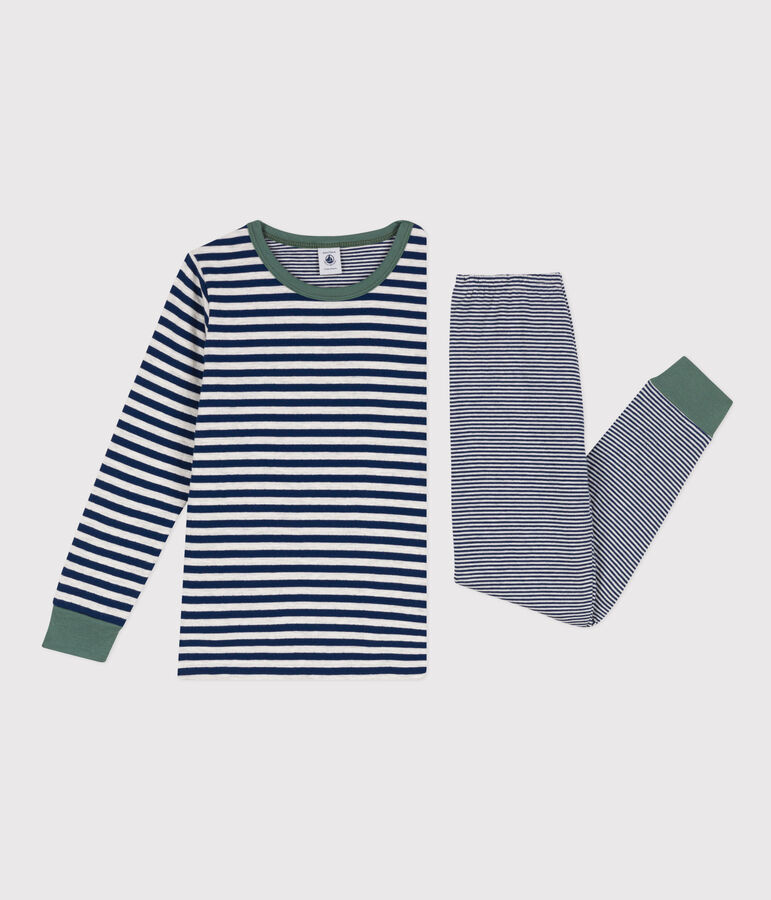 Pigiama millerighe bambina/bambino in tubique blu/beige