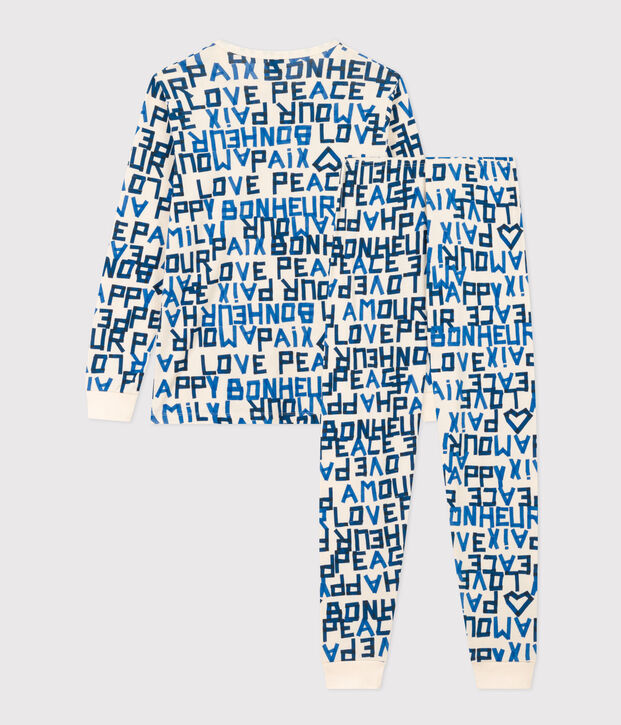 Pigiama bambino in cotone con parole blu ecru/multicolore